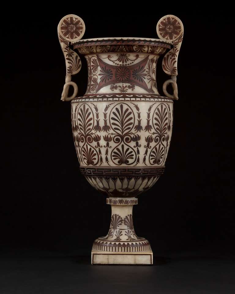 Italian A Monumental Alabaster Vase With Fine Etruscan Red And Black Painted Decoration For Sale