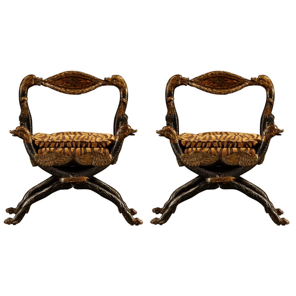 Pair of Giltwood and Ebonized X-Form Armchairs in the Manner of Chapuis For Sale
