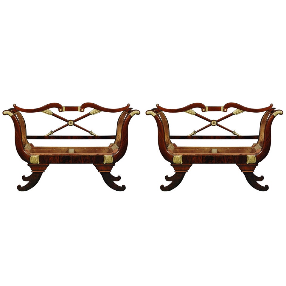 A Fine and Unusual Pair of Mahogany and Giltwood Benches For Sale