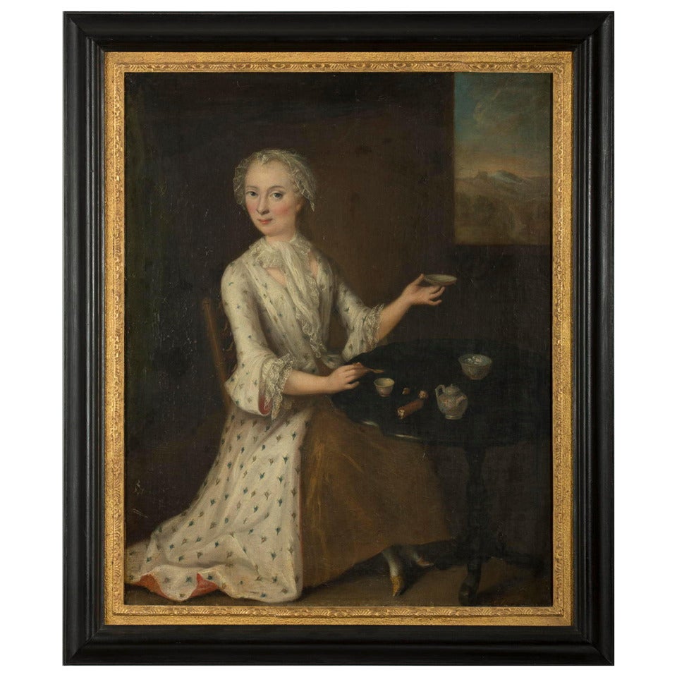 Painting of a Lady Drinking Tea For Sale