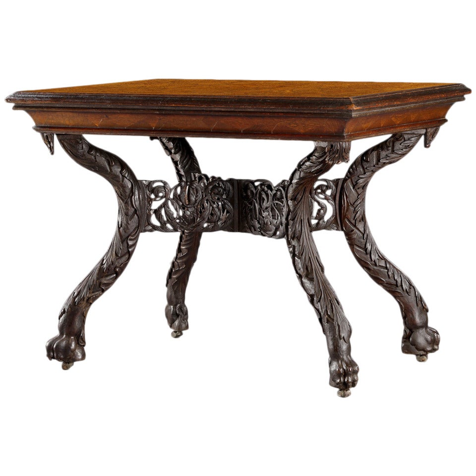 Charles II Carved Oak, Rectangular Center Table with Geometric Parquetry Top For Sale