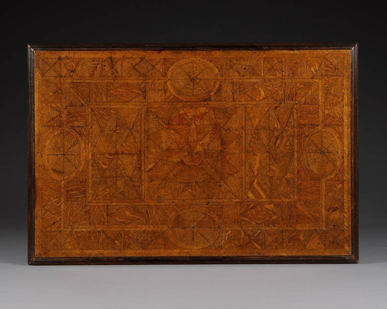 English Charles II Carved Oak, Rectangular Center Table with Geometric Parquetry Top For Sale