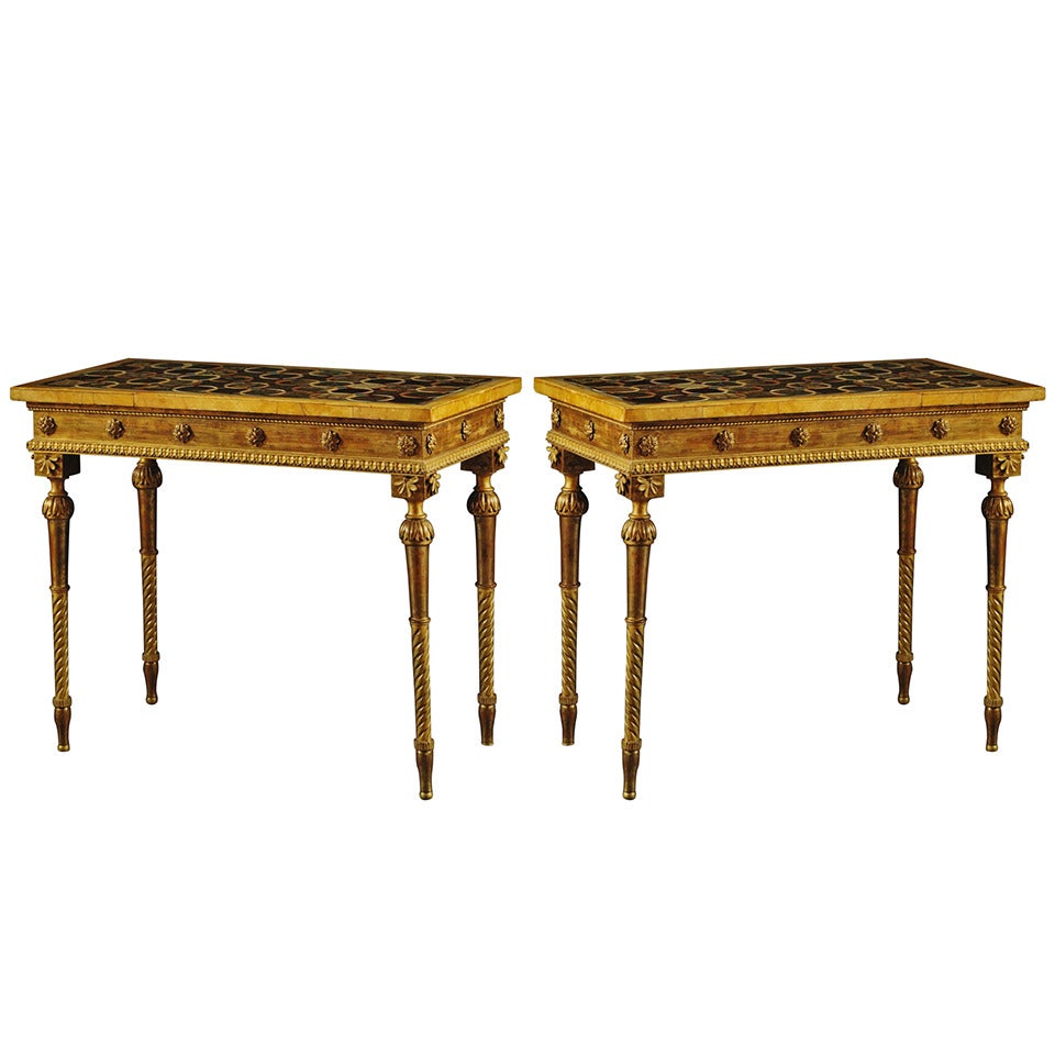 A Pair Of Giltwood Neoclassical Side Tables With Tops Of Volcanic Stones