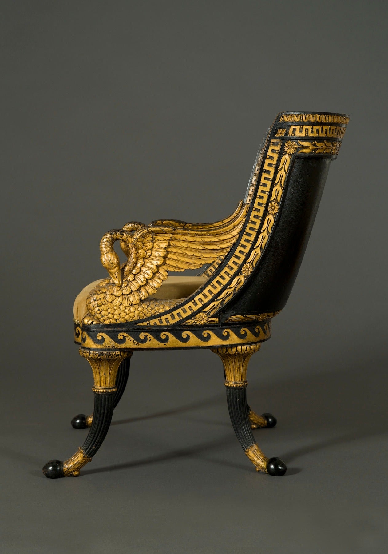 American Giltwood and Ebonized Fauteuil En Gondole with Swan Arm Supports For Sale