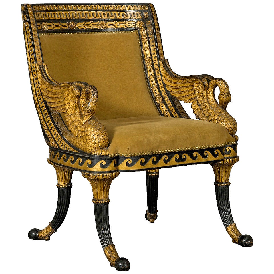 Giltwood and Ebonized Fauteuil En Gondole with Swan Arm Supports For Sale