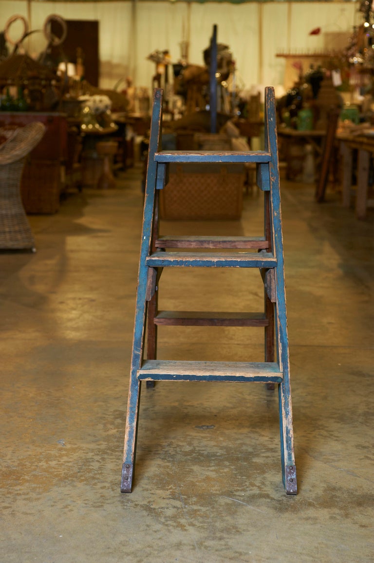 Vintage painted step ladder, early 20th c., of 3 steps in original blue paint