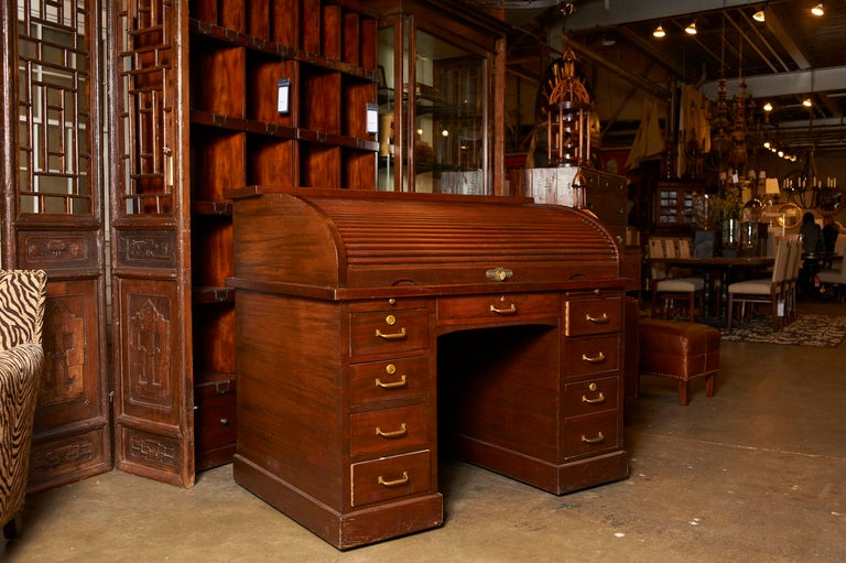 American mahogany roll-top desk, c. 1920-40,  marked 