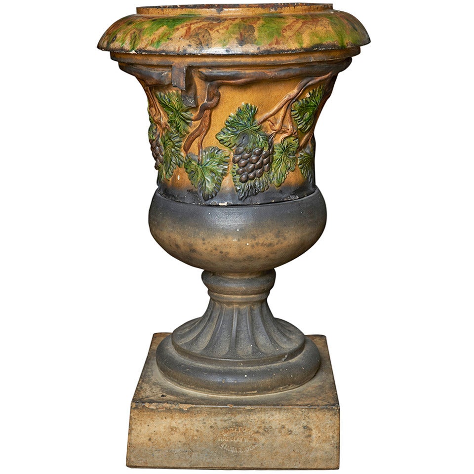 Scottish Glazed Terracotta Garden Urn on Plinth ca. 1880 For Sale