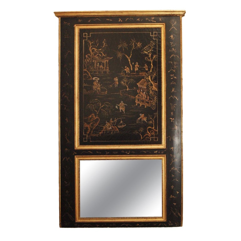 Antique "Chinoiserie" Lacquered Panel Trumeau Mirror