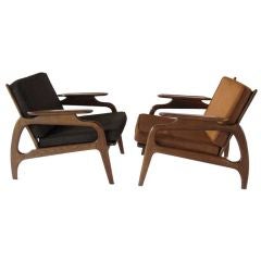 Adrian Pearsall Pair of Walnut & Leather Arm Chairs
