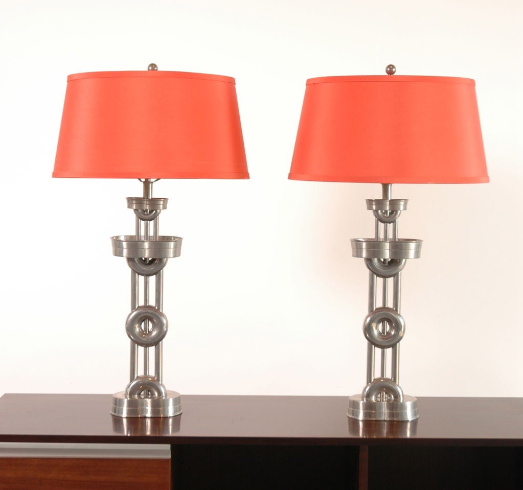 Pair of Elegant , nickel plated metal table lamps , rewired for US.
Shades not included.