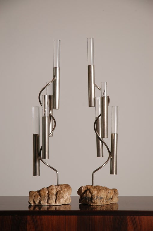 A pair of lucite, chromed metal, and stone sculptural accent pieces.