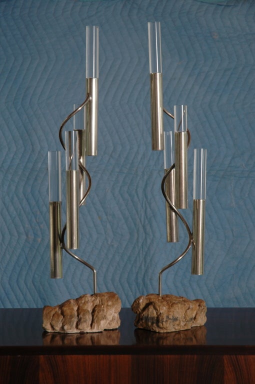 Italian Pair of Lucite, Chrome, and Stone Accent Pieces