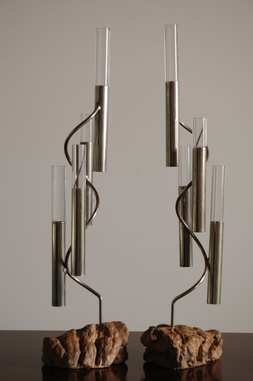Mid-20th Century Pair of Lucite, Chrome, and Stone Accent Pieces
