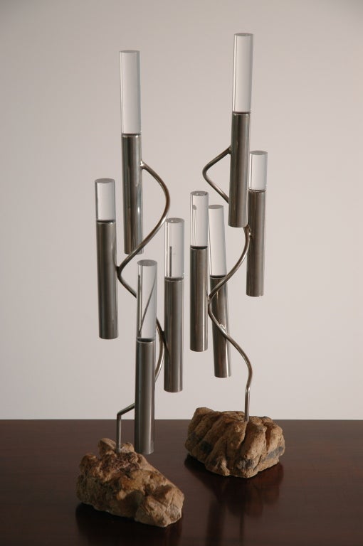 Pair of Lucite, Chrome, and Stone Accent Pieces 1