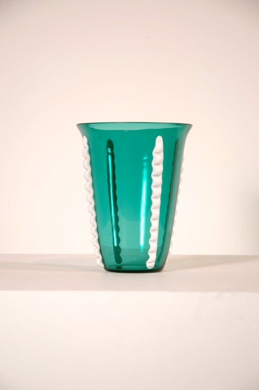 Italian glass vase produced by Venini, circa 1960, clear green glass and solid white glass decoration.In the style of Gio Ponti