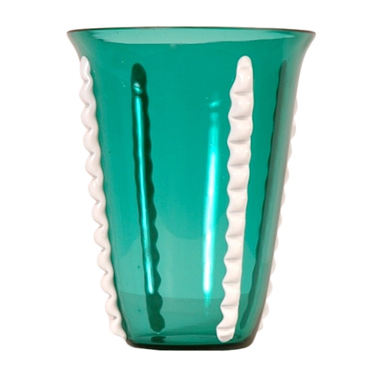 Gio Ponti Style Green & White Glass Vase