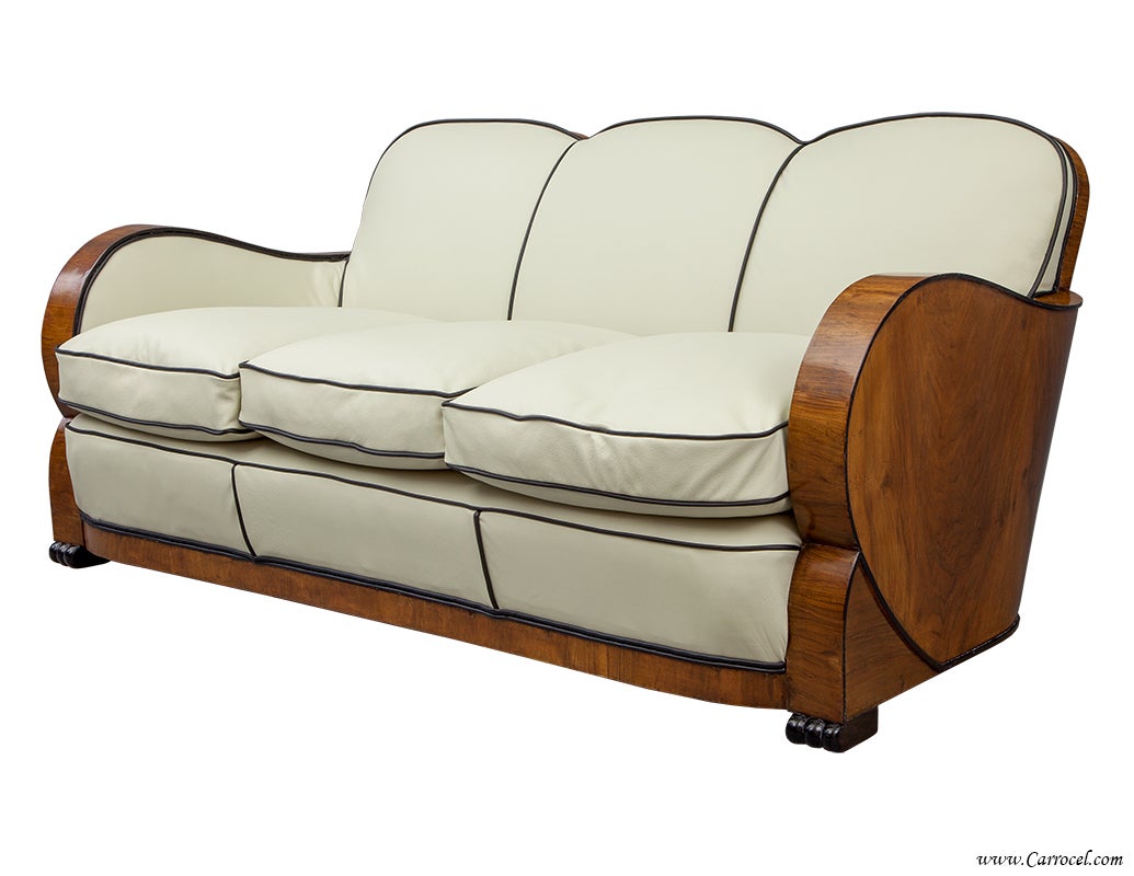European Antique Walnut Italian Leather Art Deco Sofa from France