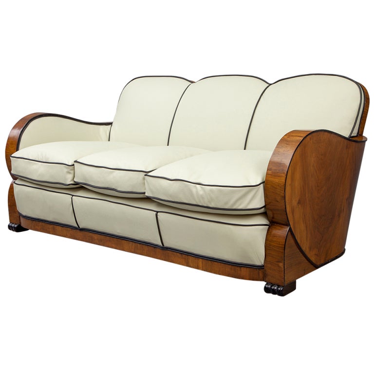 European Antique Walnut Italian Leather Art Deco Sofa from France at