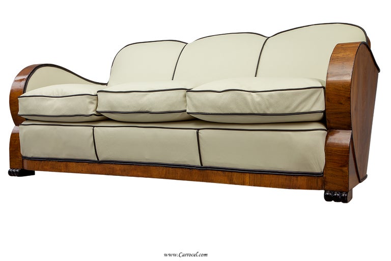 European Antique Walnut Italian Leather Art Deco Sofa from France at