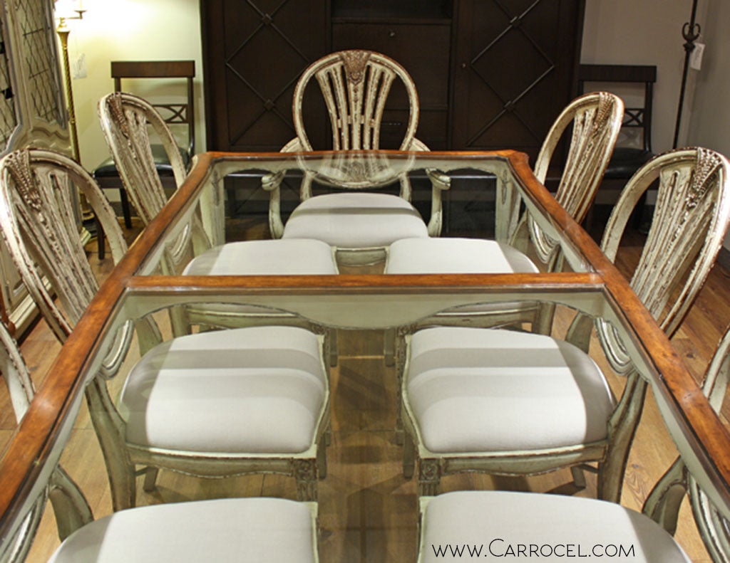 Distressed 9 Piece Antiqued White Glass Top Walnut Dining Table Set