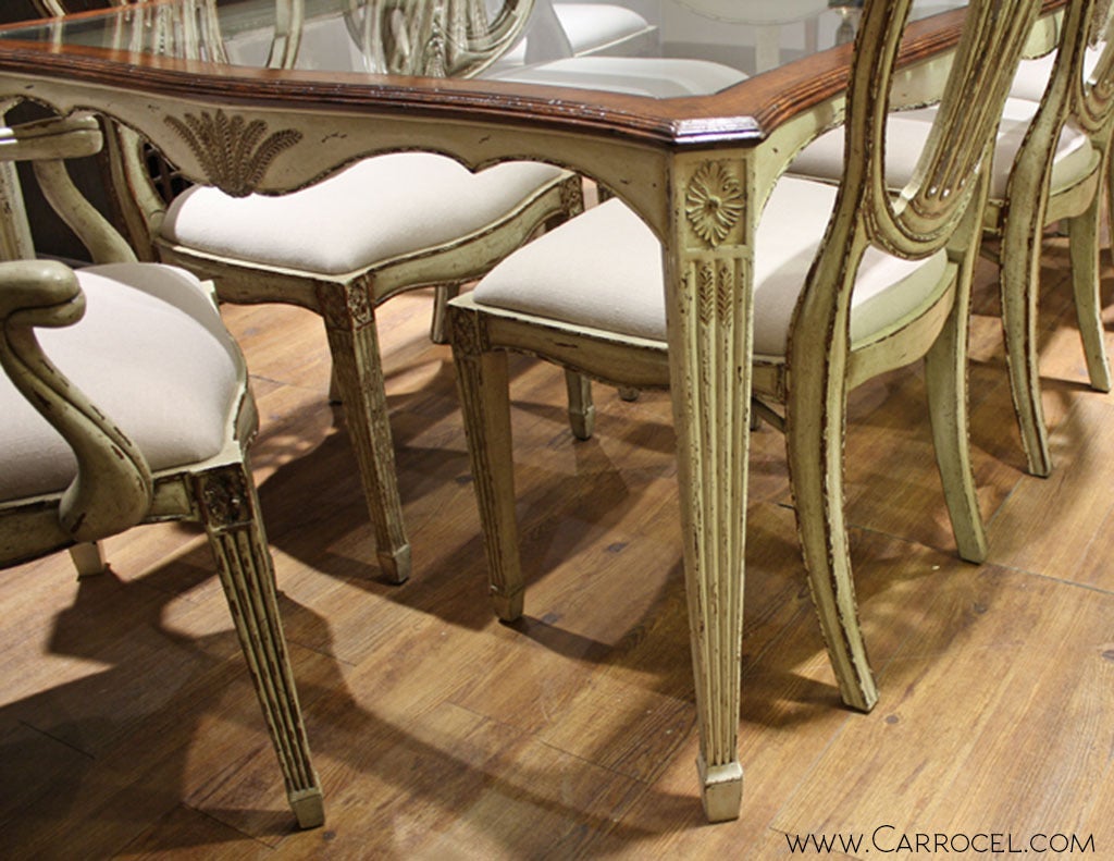 Distressed 9 Piece Antiqued White Glass Top Walnut Dining Table Set In Excellent Condition In North York, ON