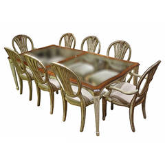 Distressed 9 Piece Antiqued White Glass Top Walnut Dining Table Set