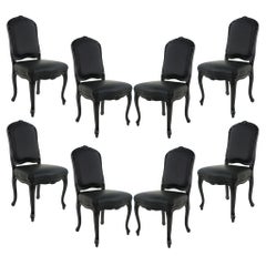 Set of Eight Louis XV Black Lacquered Leather Dining Chairs