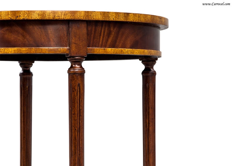 Pair of HIGH END Crotch Swirl Flamed Mahogany Round End Sofa Tables In Excellent Condition In North York, ON