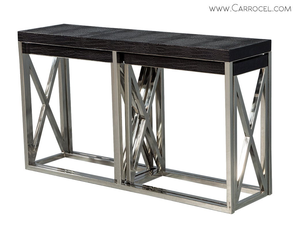 Three piece, X-frame chrome extendible console with croc embossed top. Extends to 112”.