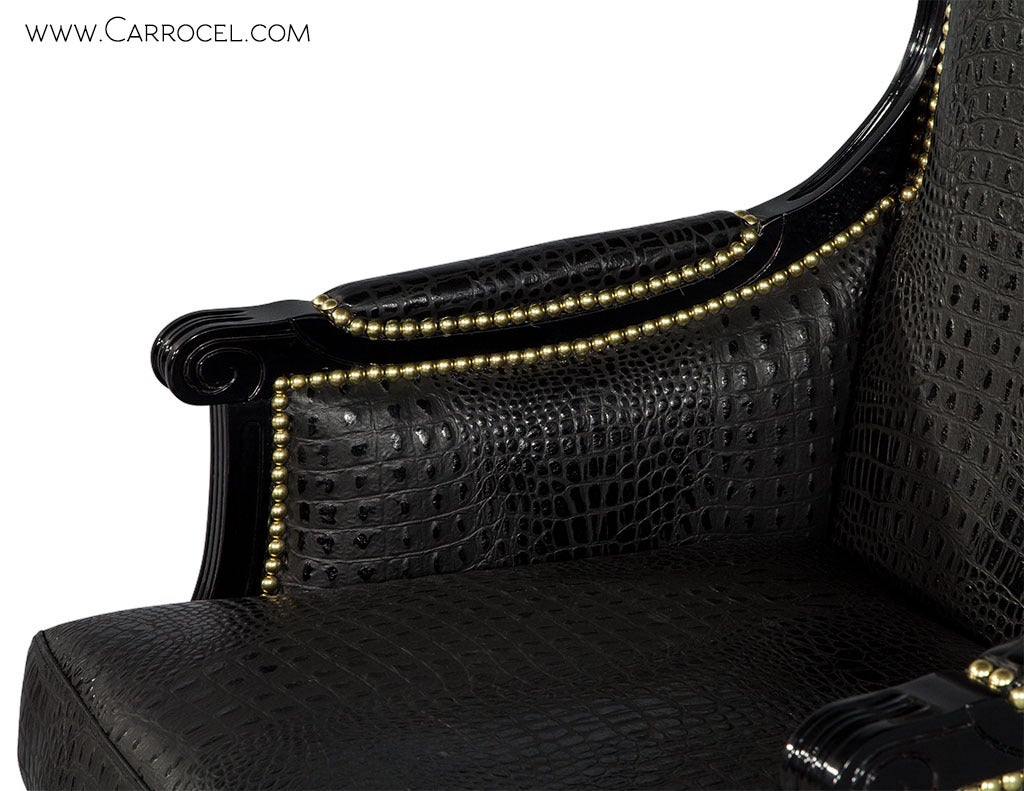 Lacquered Custom Louis XVI Black Croc Chairs