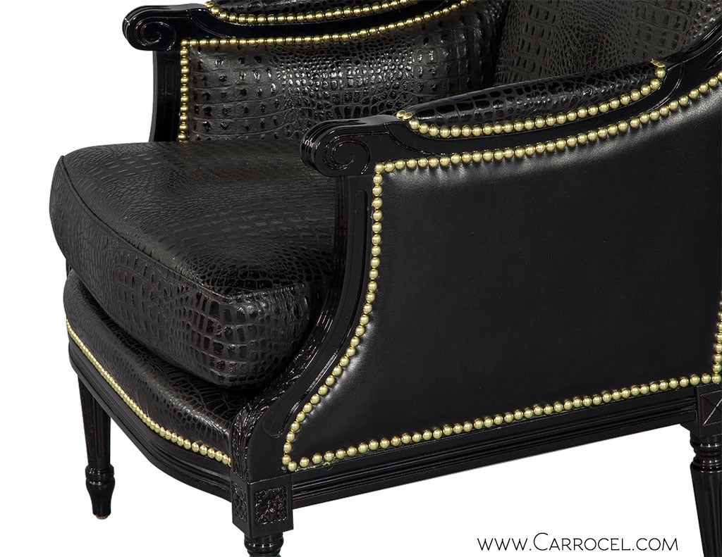 Custom Louis XVI Black Croc Chairs In Excellent Condition In North York, ON