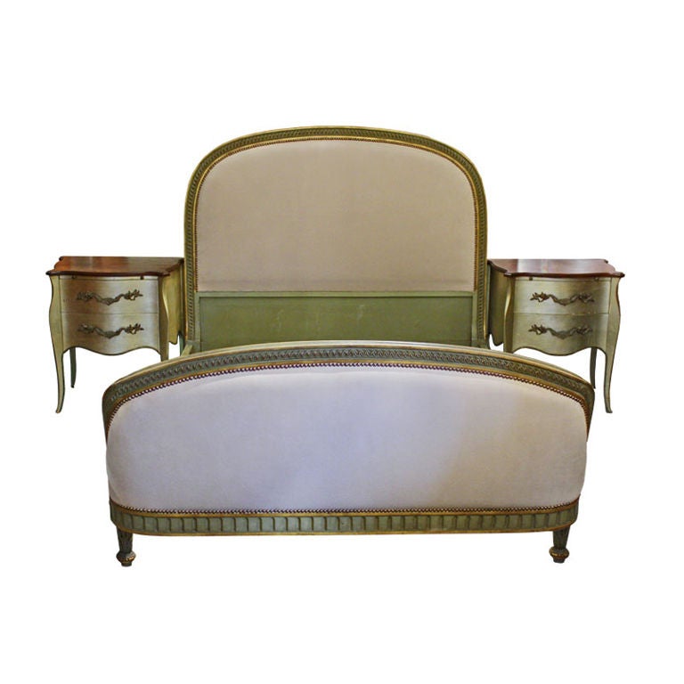 Antique French Louis XVI Upholstered Double Bed Set