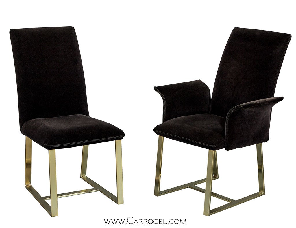 Mid Century Modern solid brass frame dining chairs with velvet upholstery. Six chairs in the set, two elegantly curved arm chairs and four side chairs in original excellent condition.