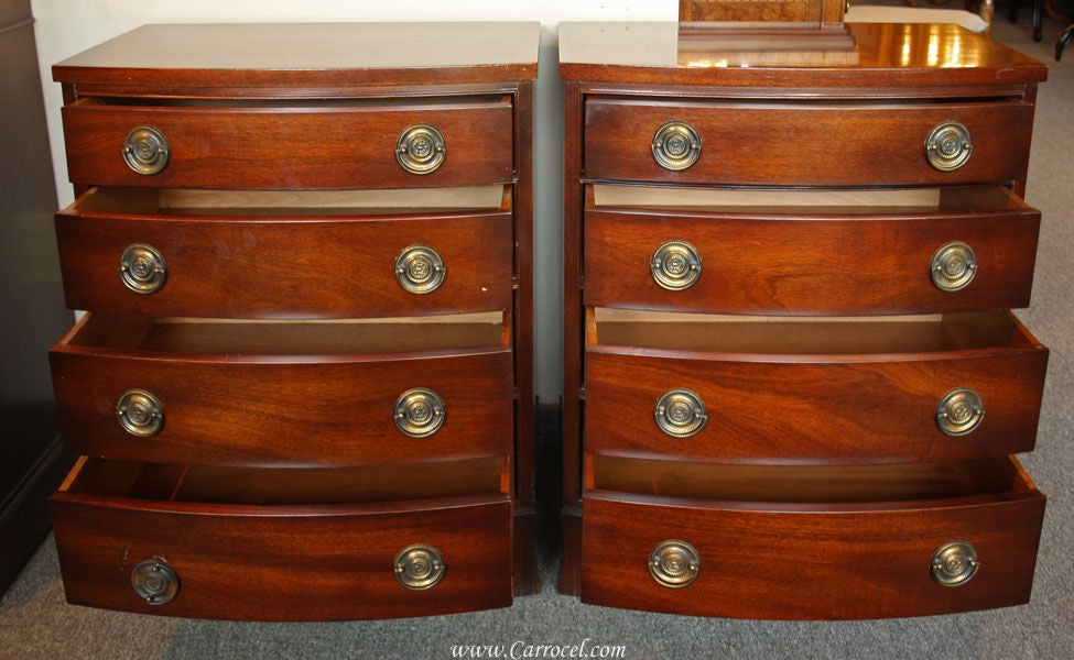 This listing is for a pair of solid mahogany bachelor chests made in the 1950s by renowned furniture manufacturer Henredon. These chests are made with the utmost passion and care using only the finest woods and old-world techniques. The hardware is