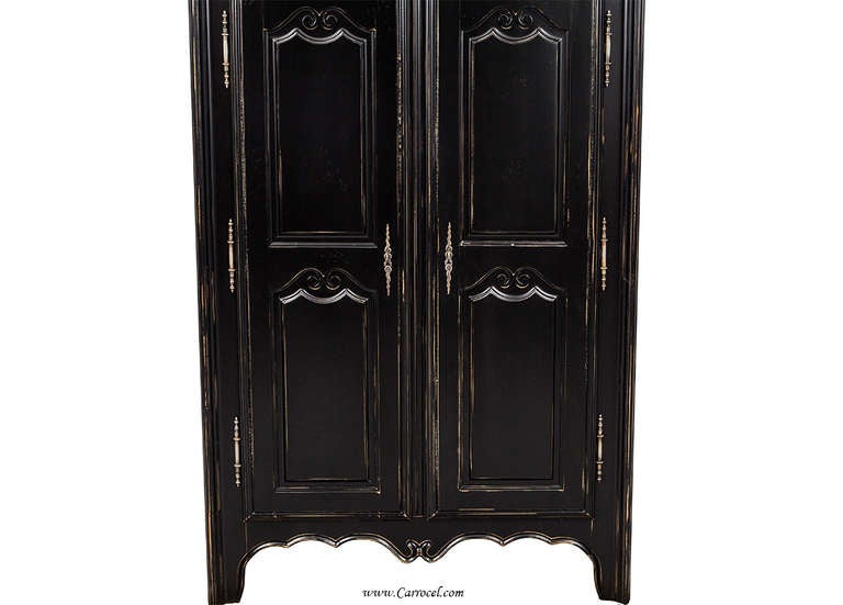 High Quality French Black Distressed Armoire Wardrobe Cabinet Made In Canada In Excellent Condition In North York, ON