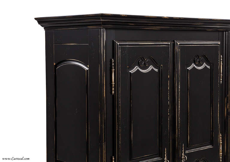 20th Century High Quality French Black Distressed Armoire Wardrobe Cabinet Made In Canada