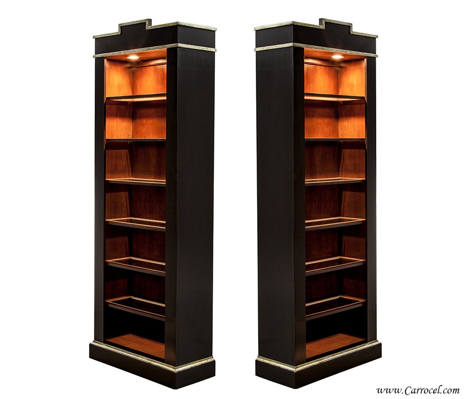 Pair of Mint Condition Black Lacquer Silver Leaf Display Cabinets Bookcases