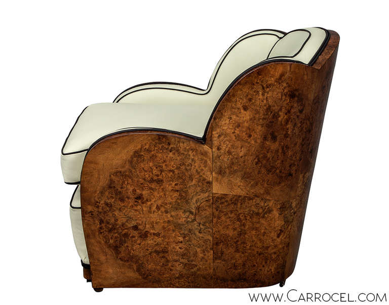 French Pair of Antique Art Deco Burl Walnut Leather Tub Chairs