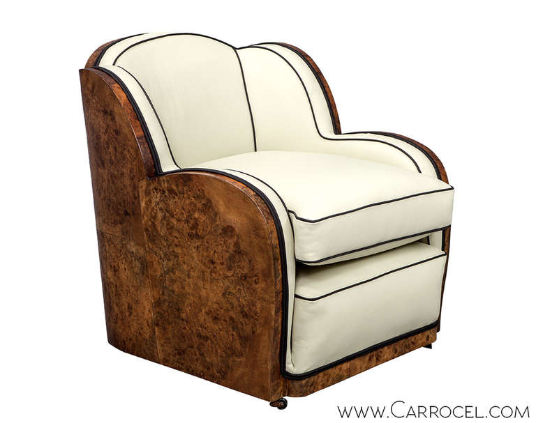 Pair of Antique Art Deco Burl Walnut Leather Tub Chairs In Excellent Condition In North York, ON