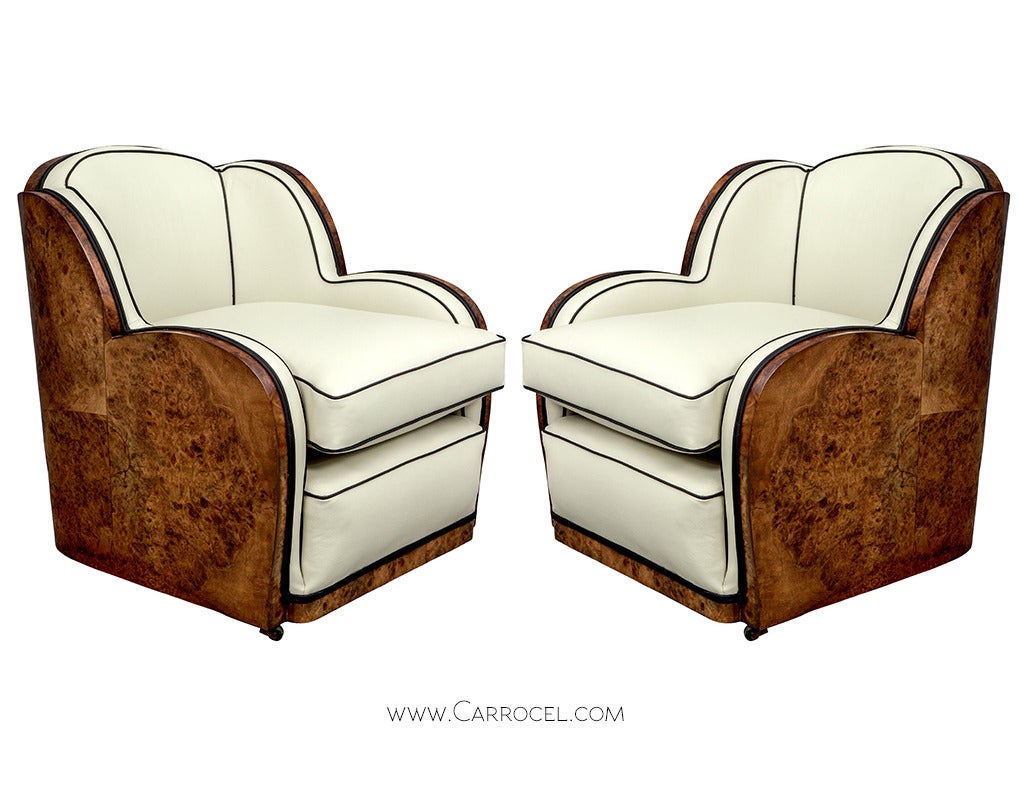 Pair of Antique Art Deco Burl Walnut Leather Tub Chairs