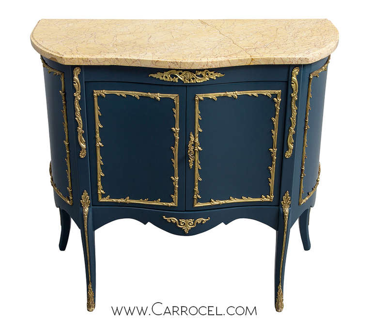 This is a rare and unique restored French commode in a dramatic hand polished to a mirror, Gulf blue lacquer finish. Circa 1930’s, this commode still has its original marble top and re-polished solid brass hardware, so stunning that it will make a
