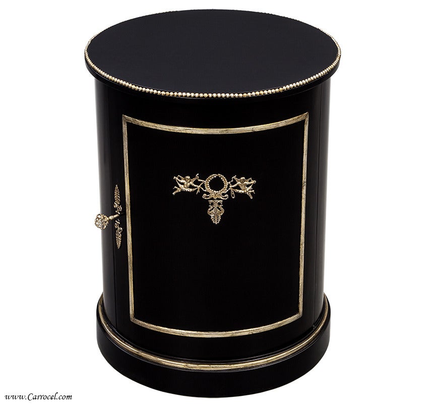 Antique Black Lacquer Round End Table with Silver Leaf Accenting