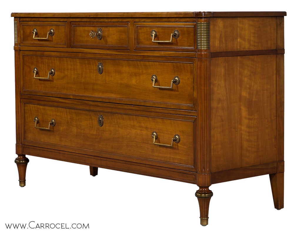 American made vintage Kindel Commode features original brass hardware and accents, fluted columns with turned legs.