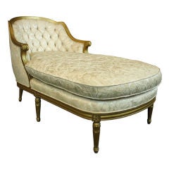 Vintage French Louis XVI Gold Painted Upholstered Chaise Lounge