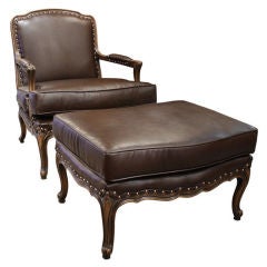 Leather French Country Bergere Arm Chair & Ottoman