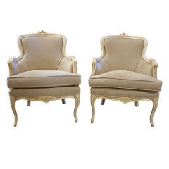 Pair of Antique Cream Bergere French Living Room Chairs