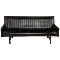 Vintage Ribbed Vinyl and Walnut Frame Sofa 2