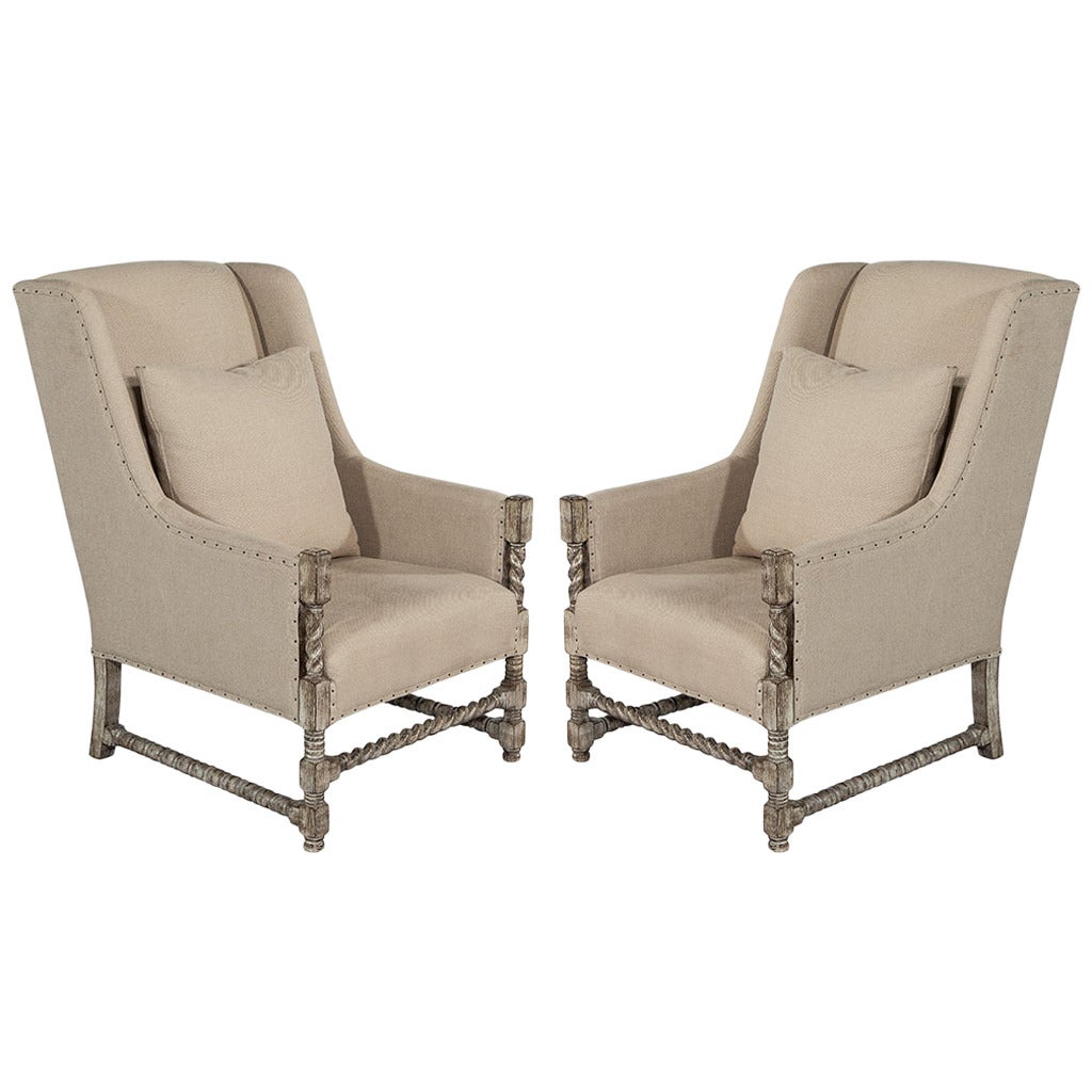 Pair of Linen Wing Back Lounge Chairs