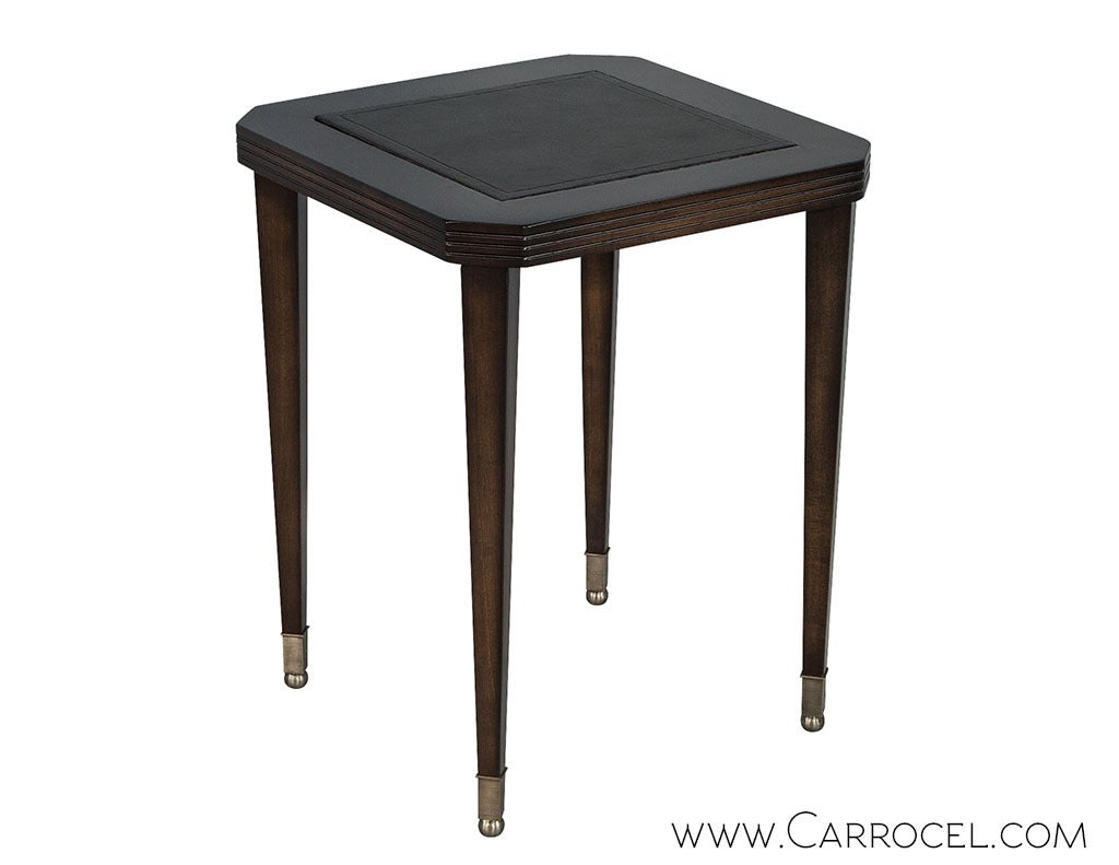 Walnut fluted edge frame custom finished in dark espresso, embossed leather inset top and brushed stainless steel caps on slightly tapered legs. This table can be custom ordered in different finishes. Please contact us for details.